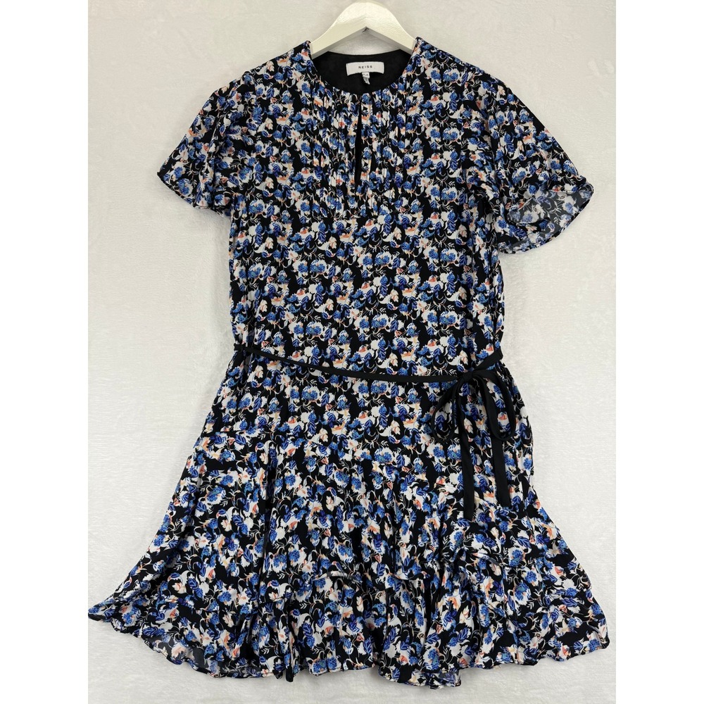 Reiss Lulu Ditsy Floral Short Sleeve Mini Dress Black Blue Orange Size US 4 UK 8